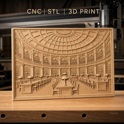 Fichier CNC & impression 3D bibliothèque classique, salle de lecture avec tables et lampes, haute qualité relief STL