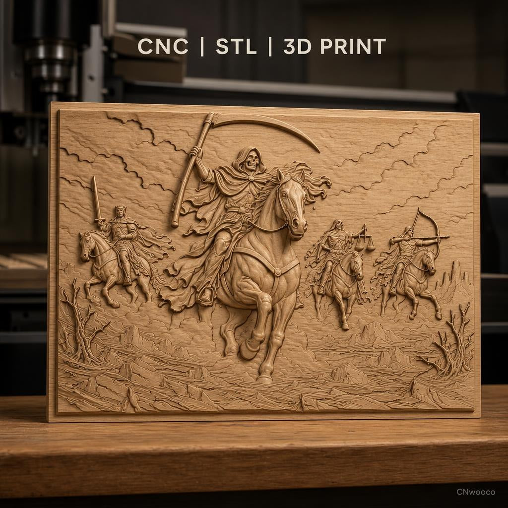 Fichier CNC & impression 3D cavalier de l'apocalypse, chevaliers soldats armés, haute qualité relief STL