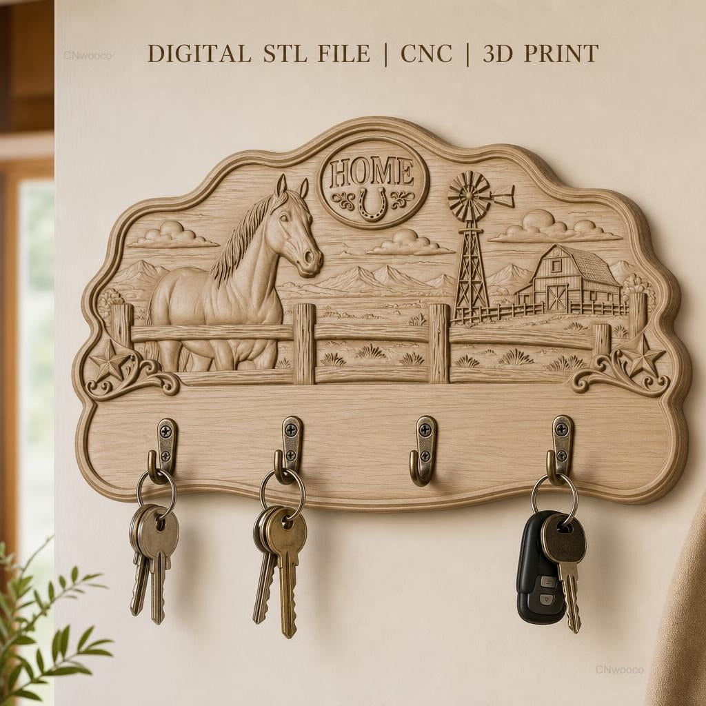 Fichier CNC Porte-clés muraux enseigne décorative ferme cheval, paysage ranch, STL très haute qualité