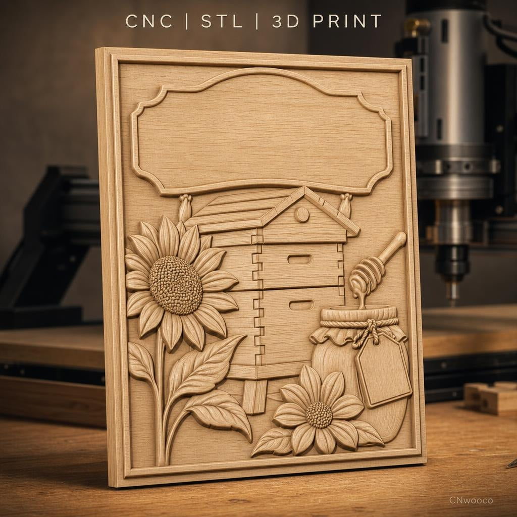 Fichier CNC & impression 3D ruche, tournesols et pot de miel, haute qualité relief STL