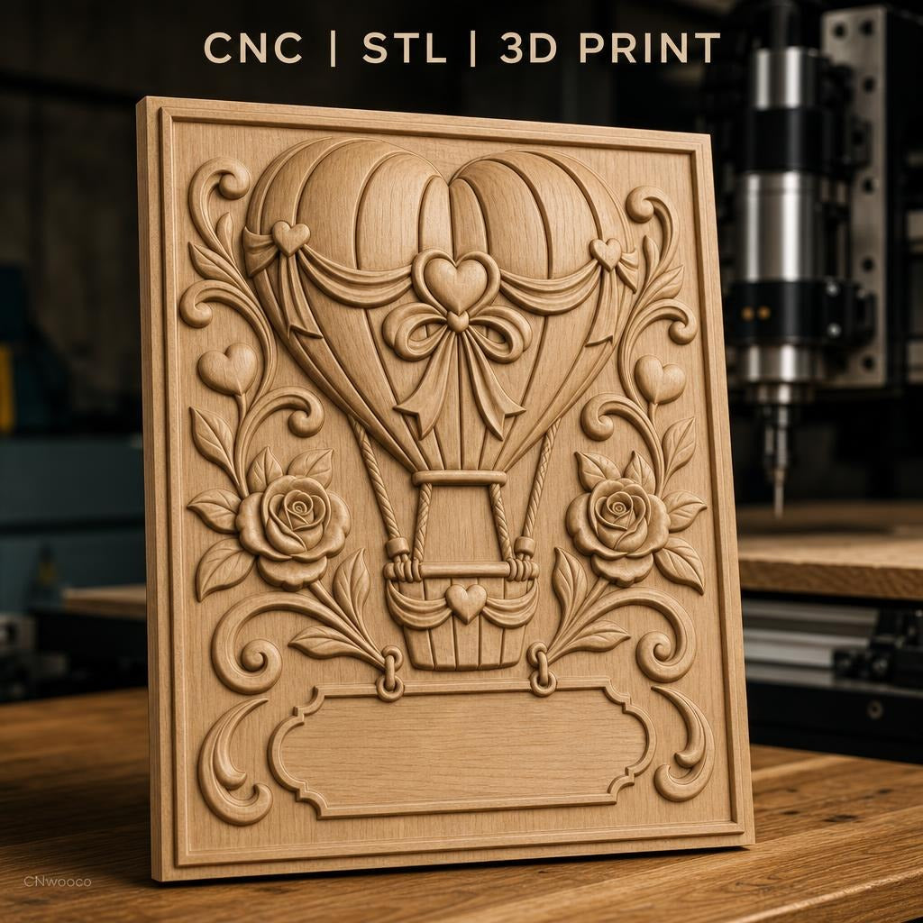 Fichier CNC & impression 3D montgolfière coeur, roses et ornements décoratifs, haute qualité relief STL