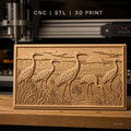 Fichier CNC & impression 3D hérons au coucher de soleil, paysage marécage relief, haute qualité relief STL
