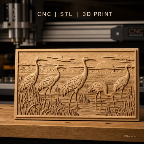 Fichier CNC & impression 3D hérons au coucher de soleil, paysage marécage relief, haute qualité relief STL