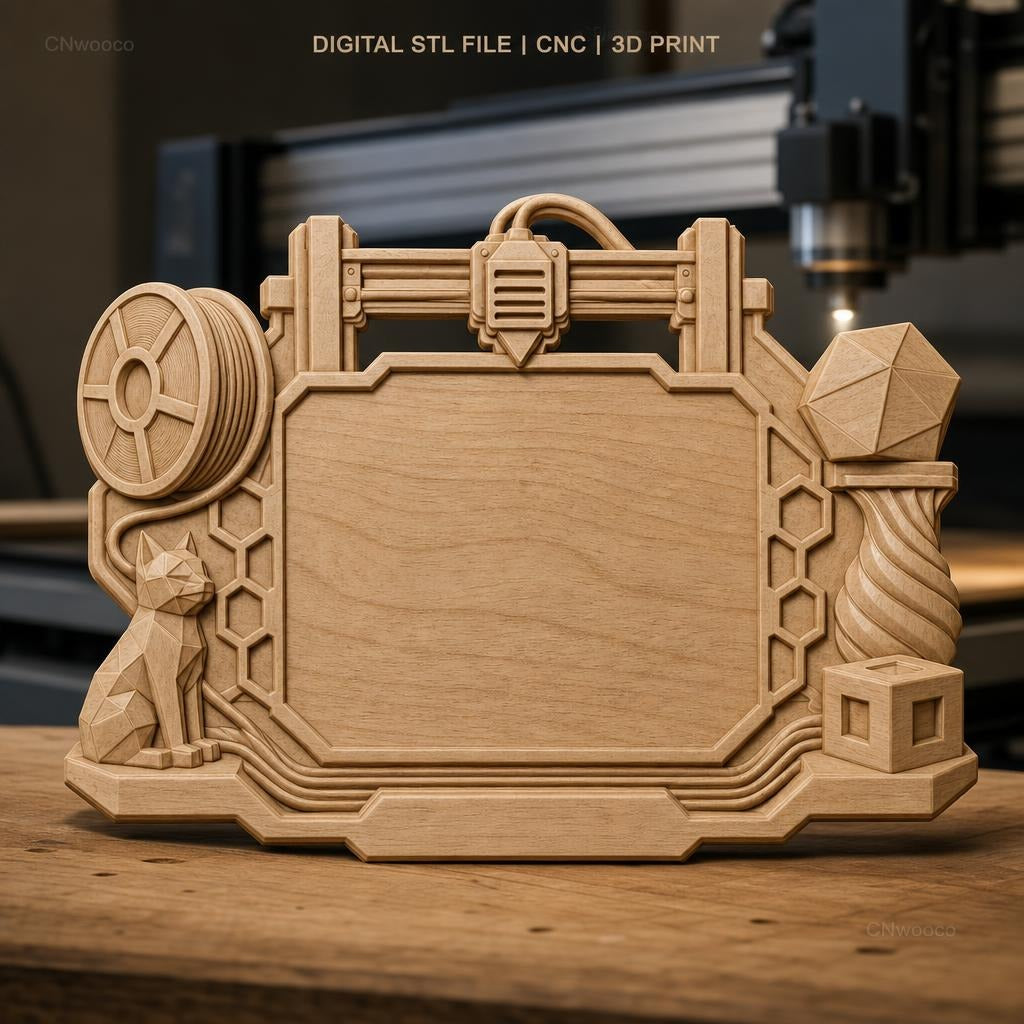 Fichier CNC & impression 3D cadre décoratif avec chat et figures géométriques, STL très haute qualité