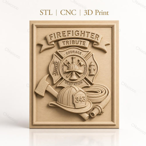 Fichier CNC & impression 3D pompiers, casque, hache, tuyau d'incendie, écusson hommage, haute qualité relief STL