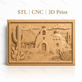 Fichier CNC & impression 3D relief de mission espagnole, cactus et montagne, haute qualité relief STL