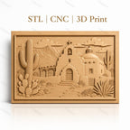Fichier CNC & impression 3D relief de mission espagnole, cactus et montagne, haute qualité relief STL
