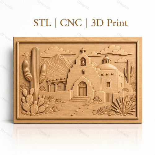 Fichier CNC & impression 3D relief de mission espagnole, cactus et montagne, haute qualité relief STL