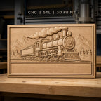 Fichier CNC & impression 3D locomotive à vapeur, train historique sur rails avec paysage montagnard, haute qualité relief STL