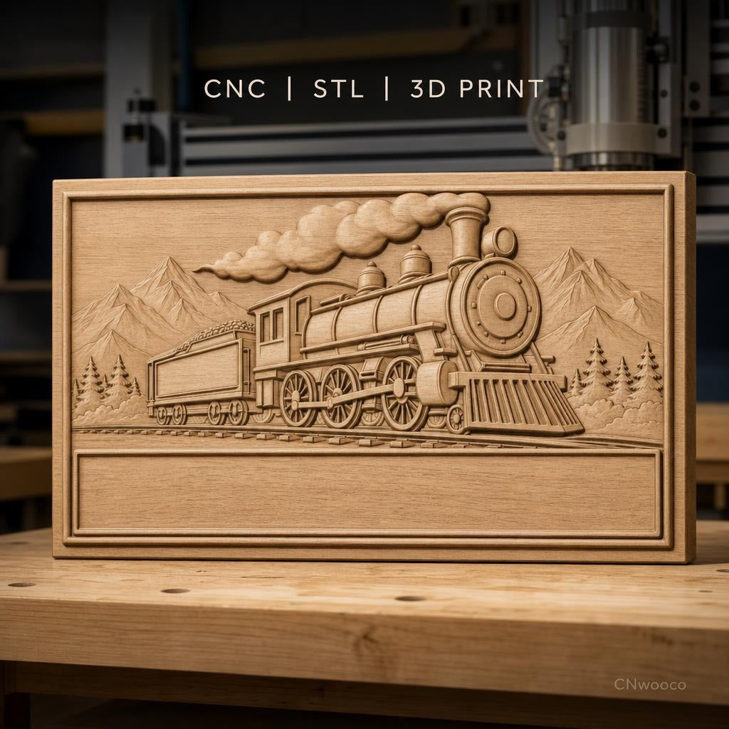 Fichier CNC & impression 3D locomotive à vapeur, train historique sur rails avec paysage montagnard, haute qualité relief STL