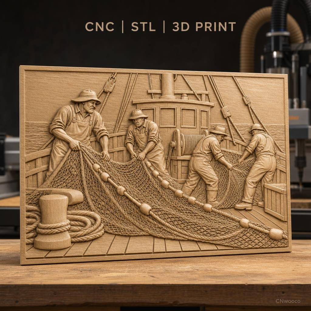 Fichier CNC & impression 3D pêcheurs et filet de pêche sur bateau, scène maritime travail haute qualité relief STL