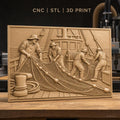 Fichier CNC & impression 3D pêcheurs et filet de pêche sur bateau, scène maritime travail haute qualité relief STL