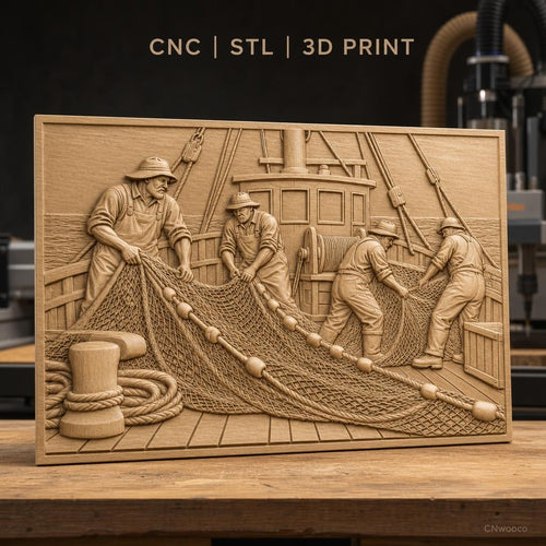 Fichier CNC & impression 3D pêcheurs et filet de pêche sur bateau, scène maritime travail haute qualité relief STL