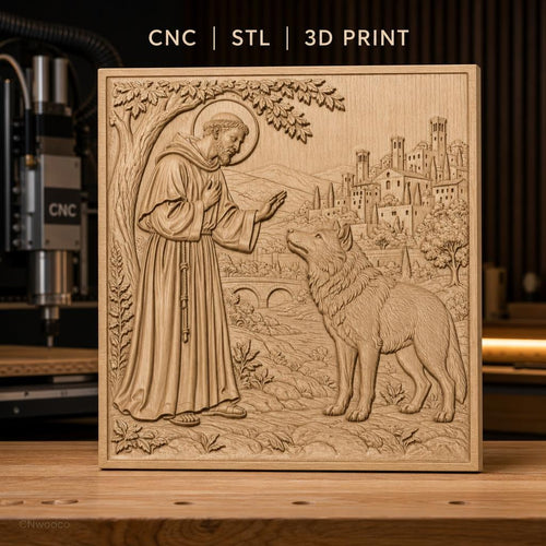 Fichier CNC & impression 3D Saint François d'Assise, loup, village médiéval, haute qualité relief STL