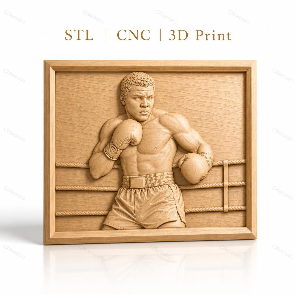 Fichier CNC & impression 3D boxeur en action, portrait et ring de boxe, haute qualité relief STL