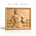 Fichier CNC & impression 3D boxeur en action, portrait et ring de boxe, haute qualité relief STL