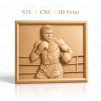 Fichier CNC & impression 3D boxeur en action, portrait et ring de boxe, haute qualité relief STL