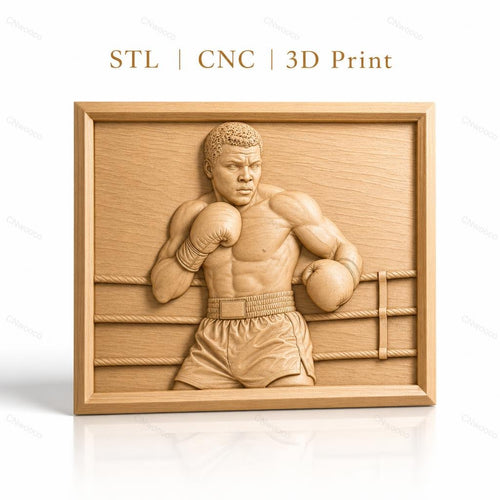 Fichier CNC & impression 3D boxeur en action, portrait et ring de boxe, haute qualité relief STL