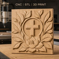 Fichier CNC & impression 3D Croix chrétienne, fleur de lotus et feuilles, haute qualité relief STL