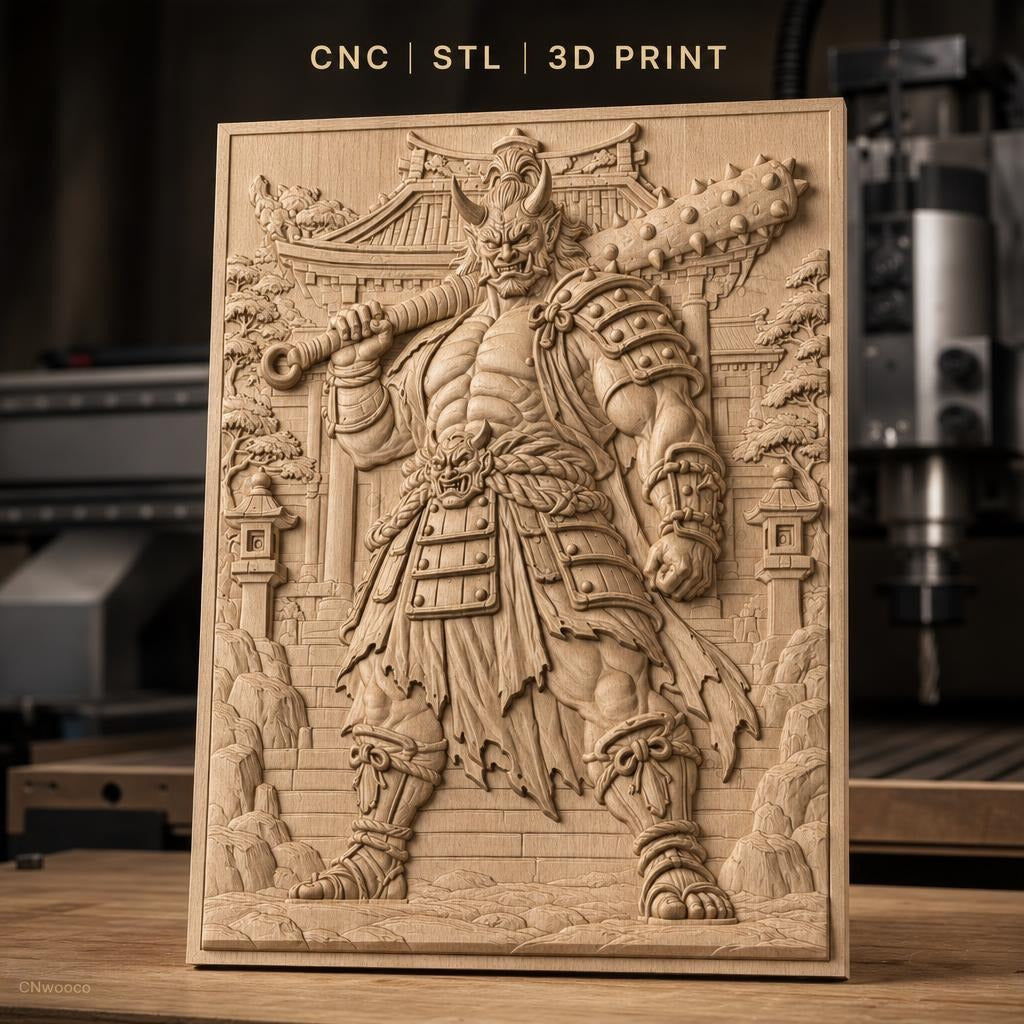 Fichier CNC & impression 3D Oni japonais guerrier, relief détaillé avec bâtiment traditionnel, haute qualité relief STL