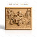 Fichier CNC & impression 3D quad ATV tout-terrain, pilote avec casque dans forêt détaillée, haute qualité relief STL