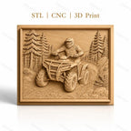 Fichier CNC & impression 3D quad ATV tout-terrain, pilote avec casque dans forêt détaillée, haute qualité relief STL
