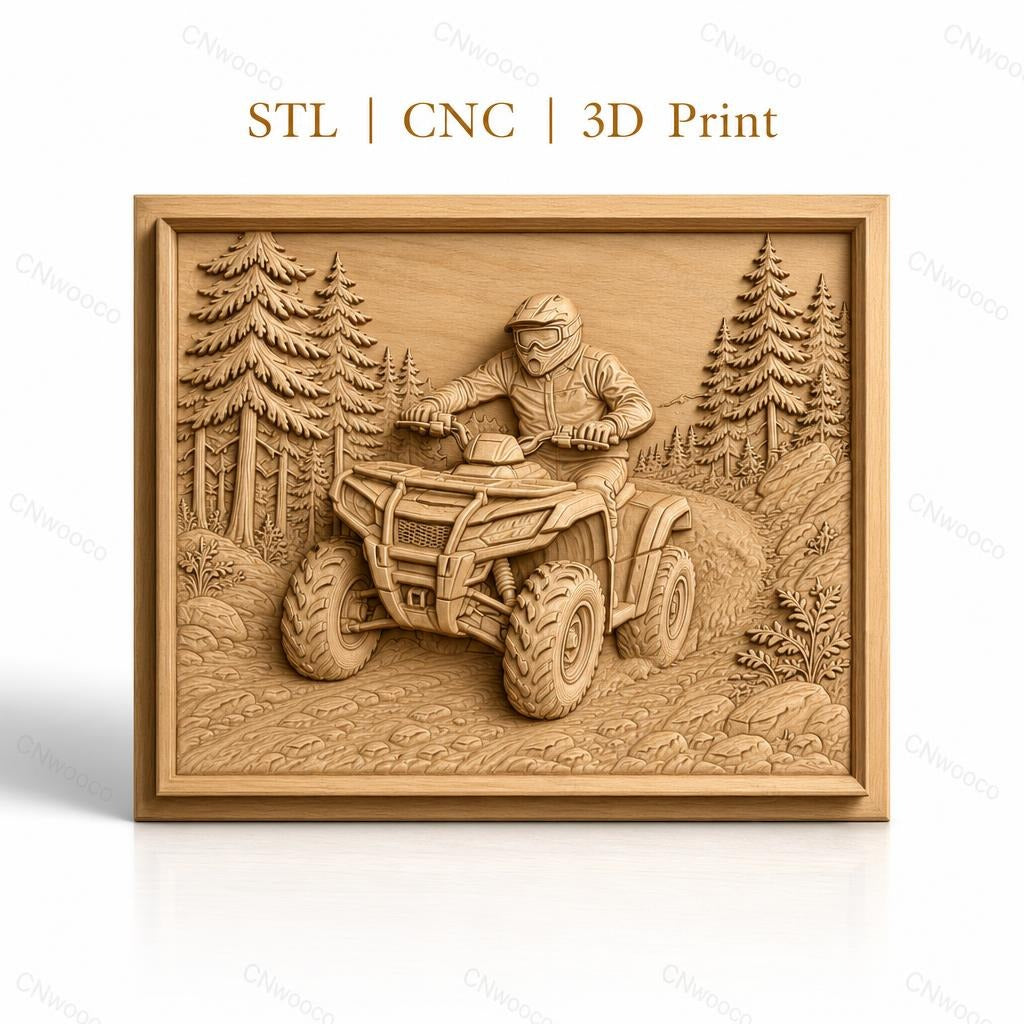 Fichier CNC & impression 3D quad ATV tout-terrain, pilote avec casque dans forêt détaillée, haute qualité relief STL