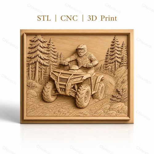 Fichier CNC & impression 3D quad ATV tout-terrain, pilote avec casque dans forêt détaillée, haute qualité relief STL