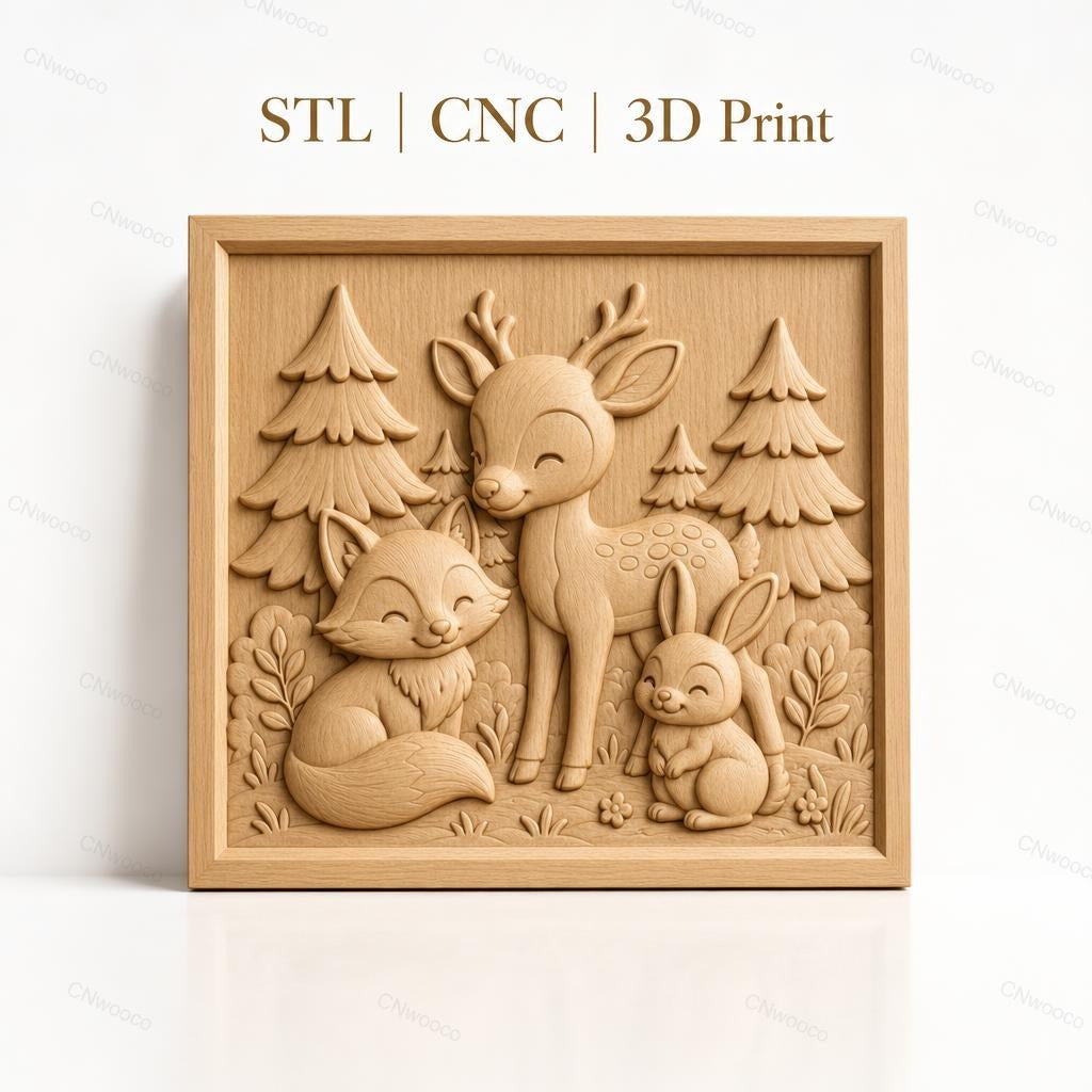 Fichier CNC & impression 3D animaux de la forêt, renard, cerf, lapin, arbres, haute qualité relief STL