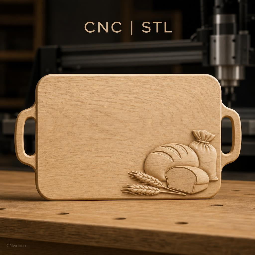 Fichier CNC thème boulangerie, pain, blé et sac de farine, bas-relief pour sculpture sur bois, STL