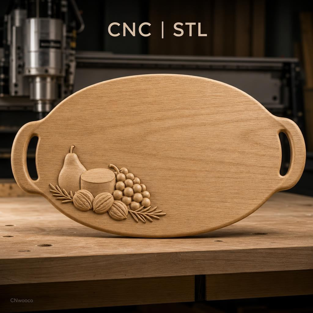 Fichier CNC plateau fruit, poire, raisin, noix, bas-relief pour sculpture sur bois, STL