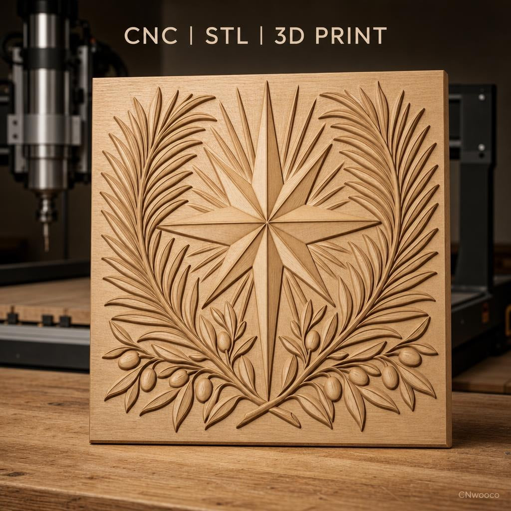 Fichier CNC & impression 3D étoile et branches d'olivier, décoration relief STL haute qualité relief STL
