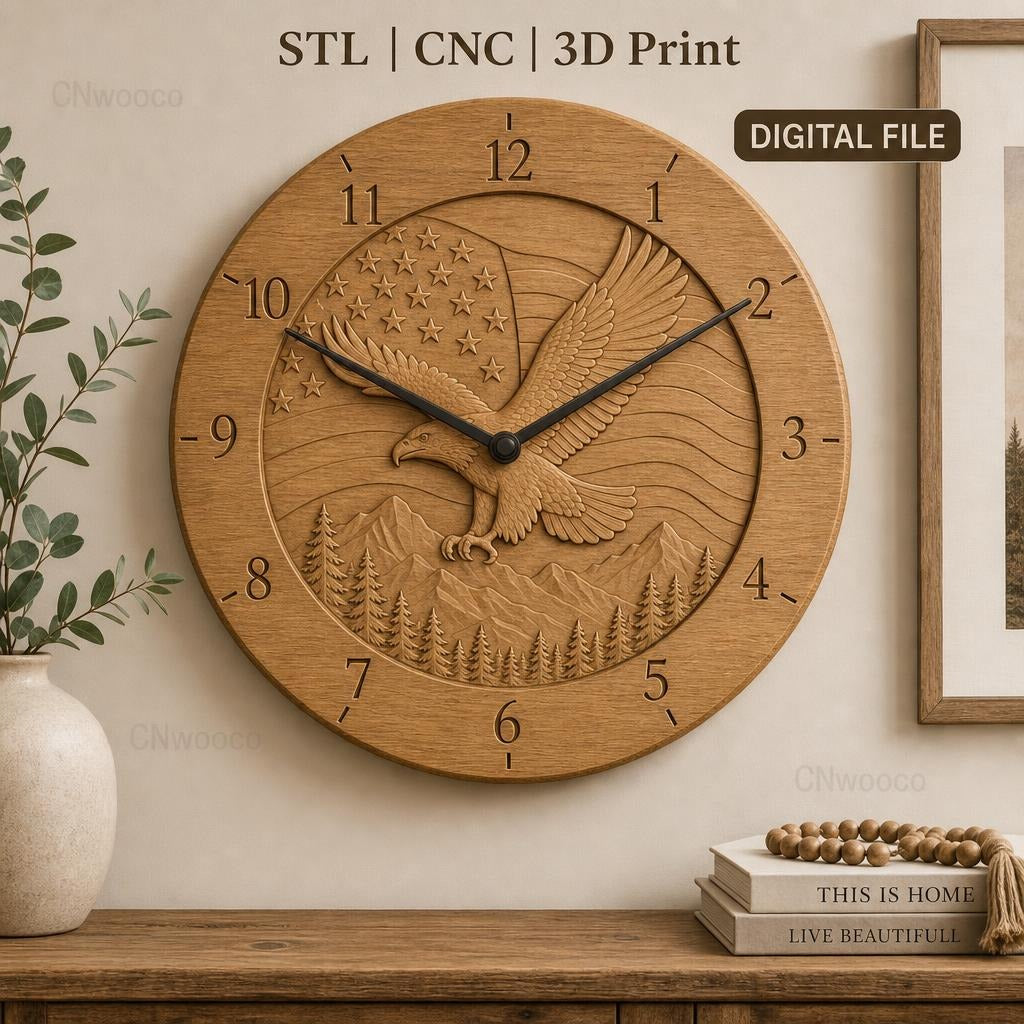 Fichier CNC & impression 3D horloge murale aigle américain relief montagne forêt STL