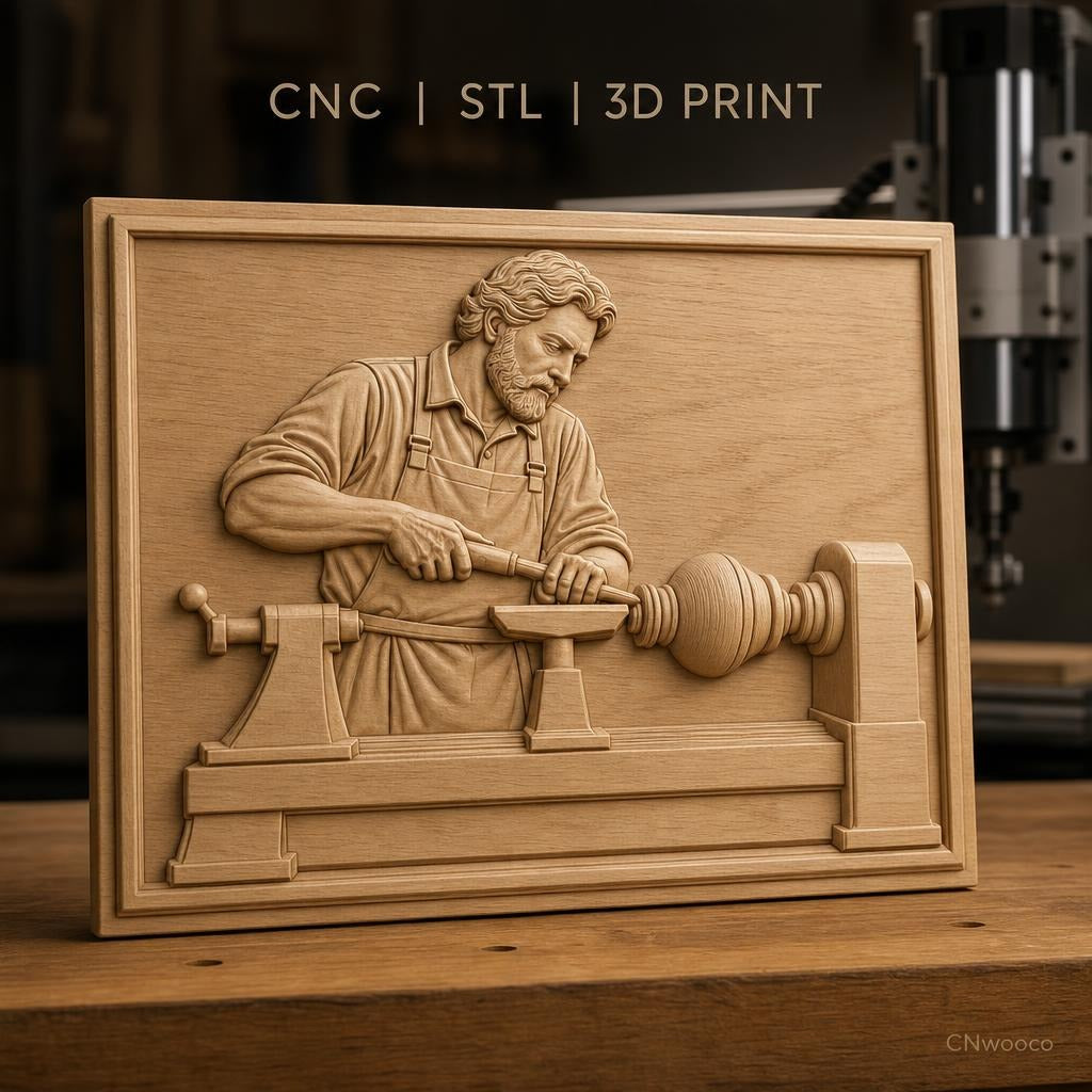 Fichier CNC & impression 3D tourneur sur bois, homme travaillant au tour, haute qualité relief STL