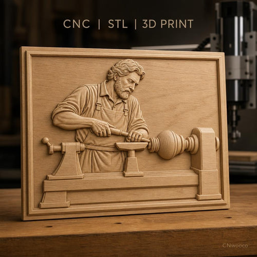 Fichier CNC & impression 3D tourneur sur bois, homme travaillant au tour, haute qualité relief STL