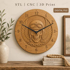 Fichier CNC & impression 3D horloge murale crâne moto casque ailes chaîne STL