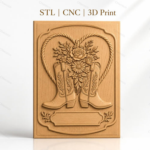 Fichier CNC & impression 3D thème western, bottes de cowboy et bouquet de fleurs, haute qualité relief STL