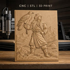 Fichier CNC & impression 3D guerrier mongol, homme en fourrure avec aigle et montagnes, haute qualité relief STL