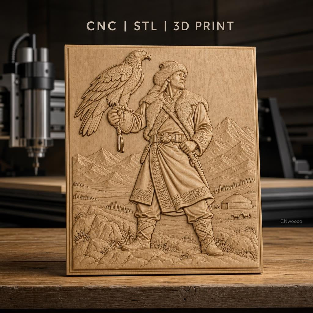 Fichier CNC & impression 3D guerrier mongol, homme en fourrure avec aigle et montagnes, haute qualité relief STL