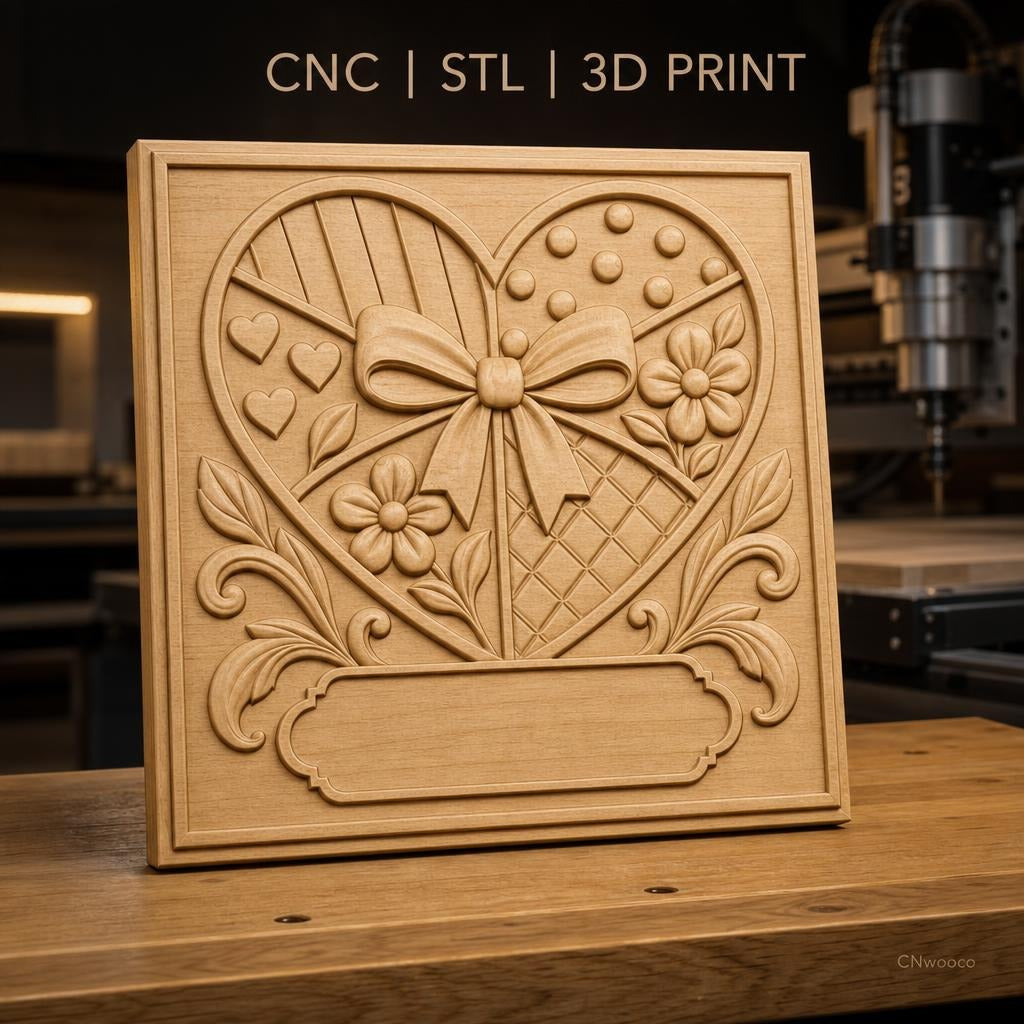 Fichier CNC & impression 3D motif coeur avec fleurs et noeud, décoration relief haute qualité relief STL