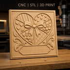 Fichier CNC & impression 3D motif coeur avec fleurs et noeud, décoration relief haute qualité relief STL