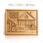 Fichier CNC & impression 3D maison, maison avec clé, arbre, panneau Welcome, haute qualité relief STL