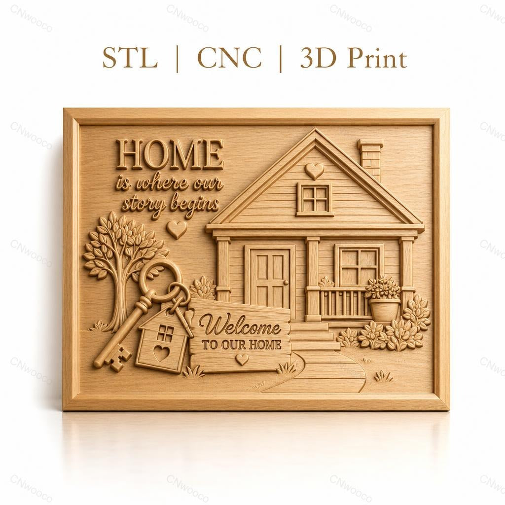 Fichier CNC & impression 3D maison, maison avec clé, arbre, panneau Welcome, haute qualité relief STL