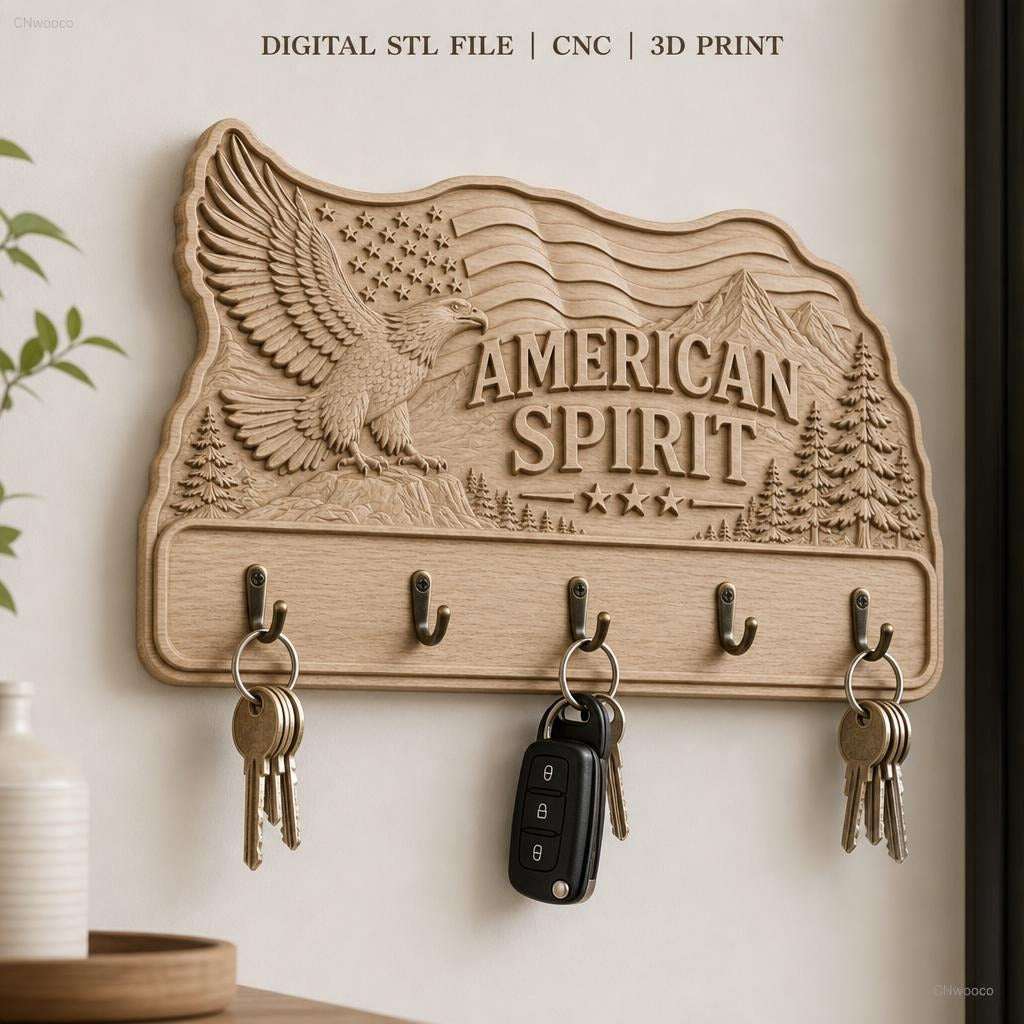 Fichier CNC porte-clés mural enseigne American Spirit avec aigle et drapeau USA, STL très haute qualité