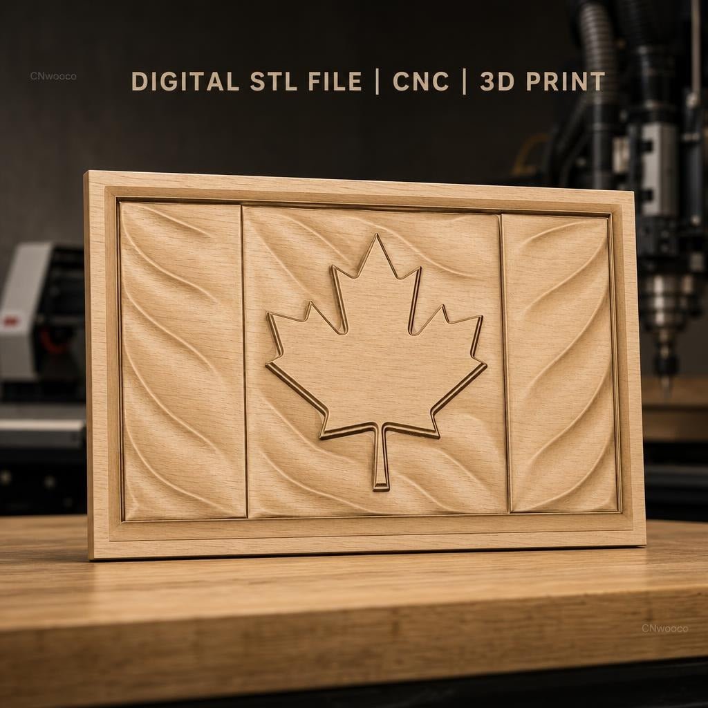 Fichier CNC & impression 3D drapeau canadien, feuille d'érable avec relief ondulé, haute qualité relief STL