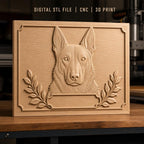 Fichier CNC & impression 3D chien berger, tête en relief avec branches décoratives, haute qualité relief STL