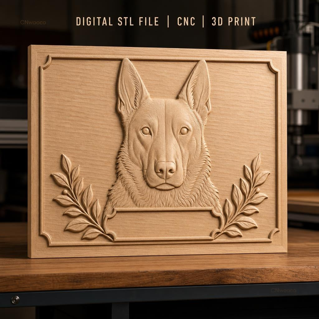 Fichier CNC & impression 3D chien berger, tête en relief avec branches décoratives, haute qualité relief STL