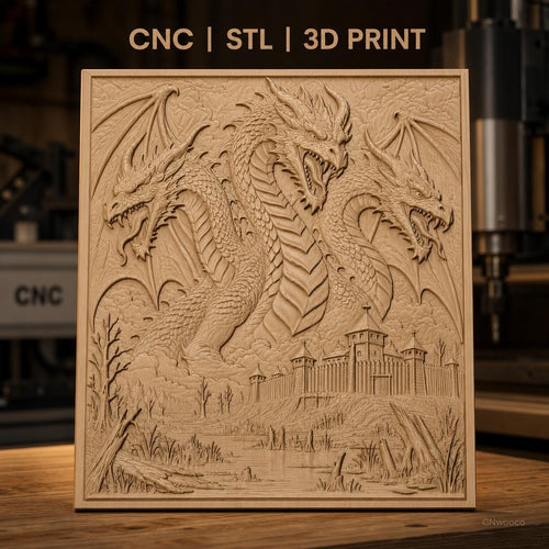 Fichier CNC & impression 3D dragon à trois têtes, château médiéval et paysage de marais, haute qualité relief STL