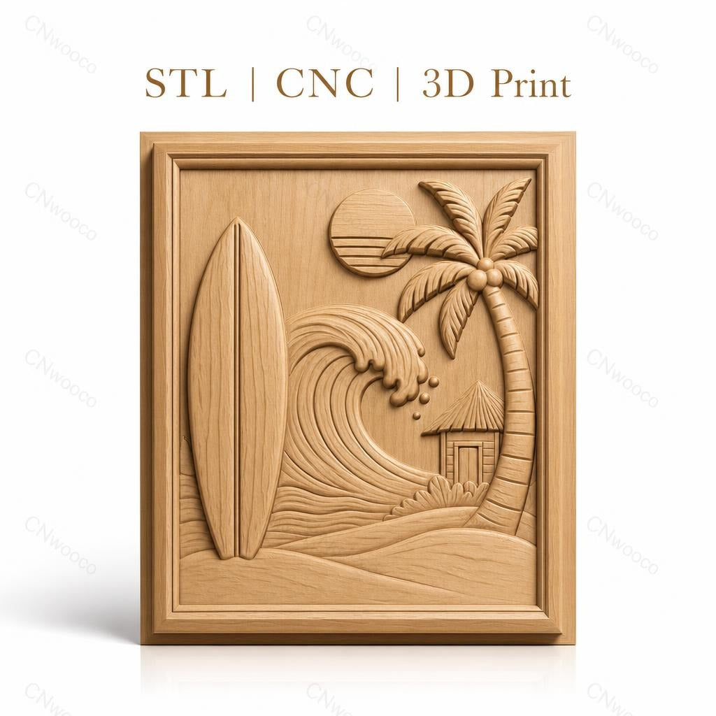 Fichier CNC & impression 3D thème plage, surf, palmier, vague et cabane, haute qualité relief STL