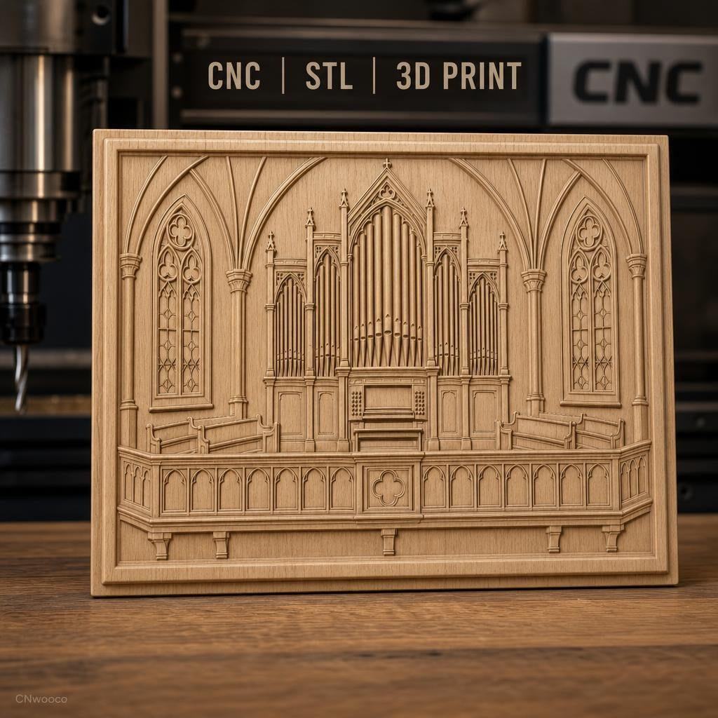 Fichier CNC & impression 3D orgue d'église gothique, vitraux et banquettes sculptés, haute qualité relief STL